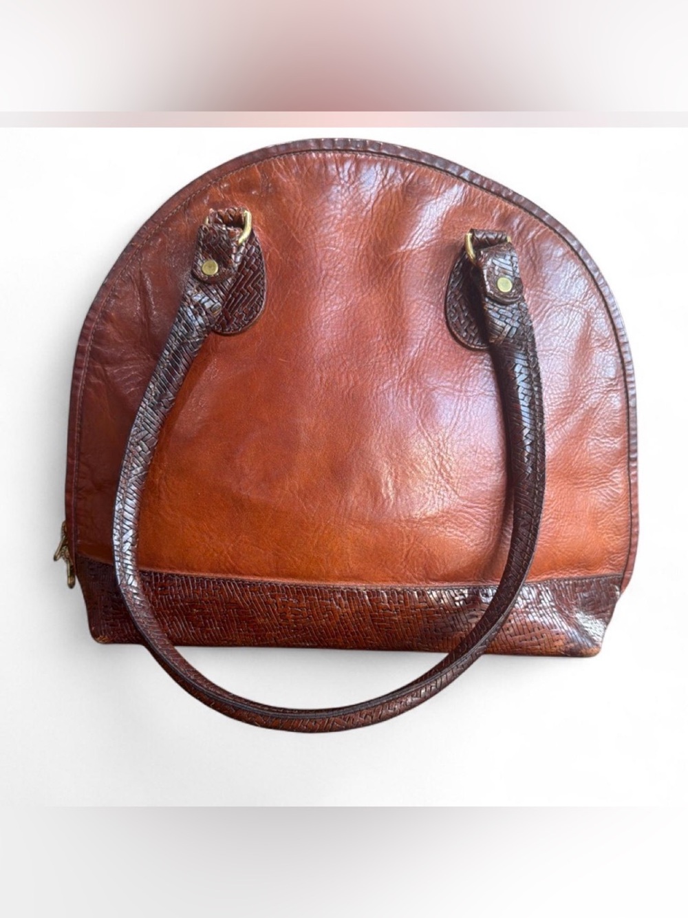 Vintage Cognac Genuine Leather Dome Satchel Bag Croc Accent Trim